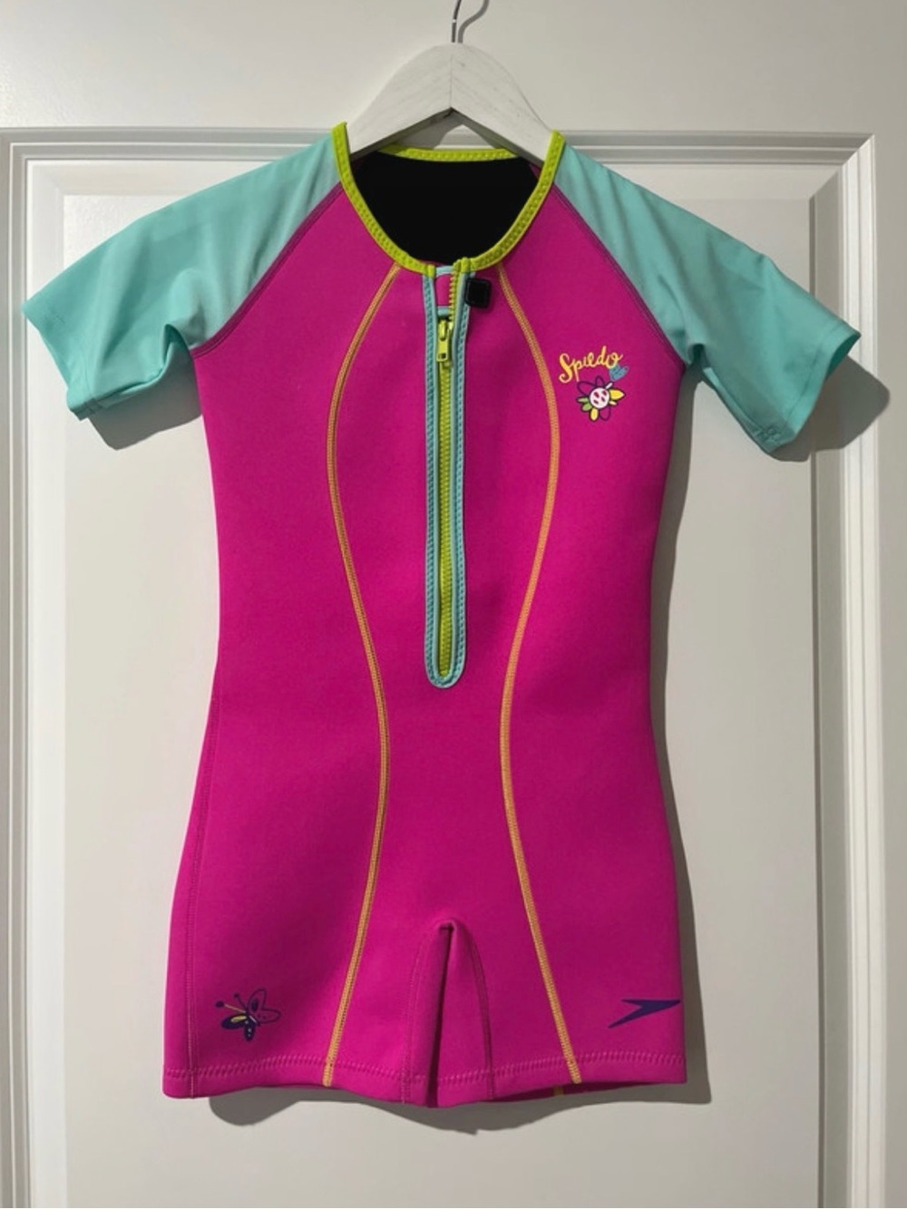 Speedo Girls' Pink & Aqua Short Sleeve Swim Romper with Yellow Trim
